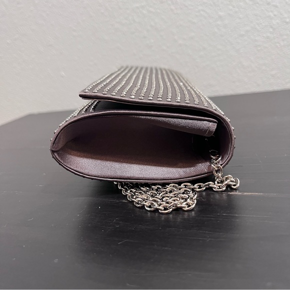 Gunmetal Studded Satin Evening Clutch | Silver Chain Crossbody Envelope Bag - Picture 6 of 14